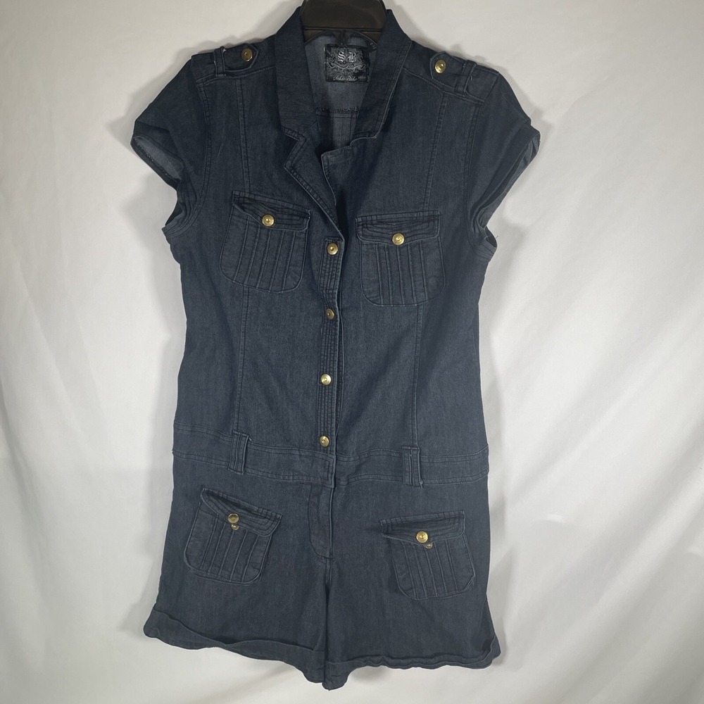 Soho Babe Womens Cap Sleeve Denim Snap Romper Blue Size Large Y2K